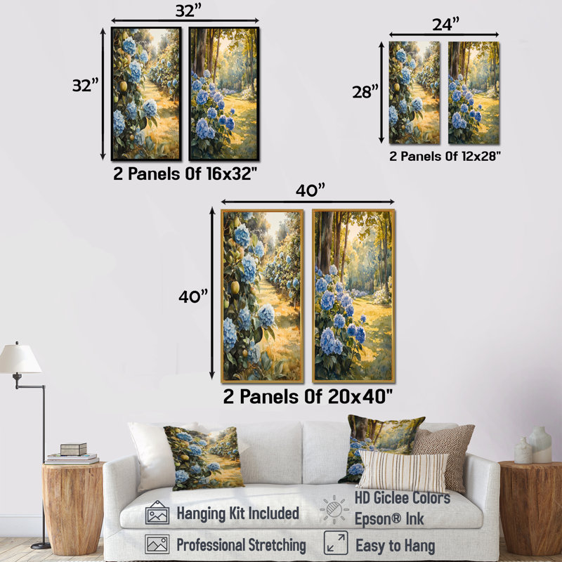 Hydrangeas In The Apple Orchard I - Collection de 2 impressions sur toile florales, H 28 po x l 25 po, Cadre flottant noir