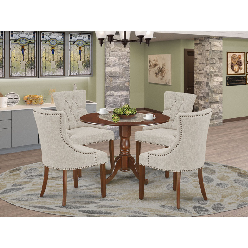 5 Piece Dinette Set for 4 Includes a Round Dining Room Table with Dropleaf and 4 Doeskin Linen Fabric Parson Dining Chairs, Mahogany