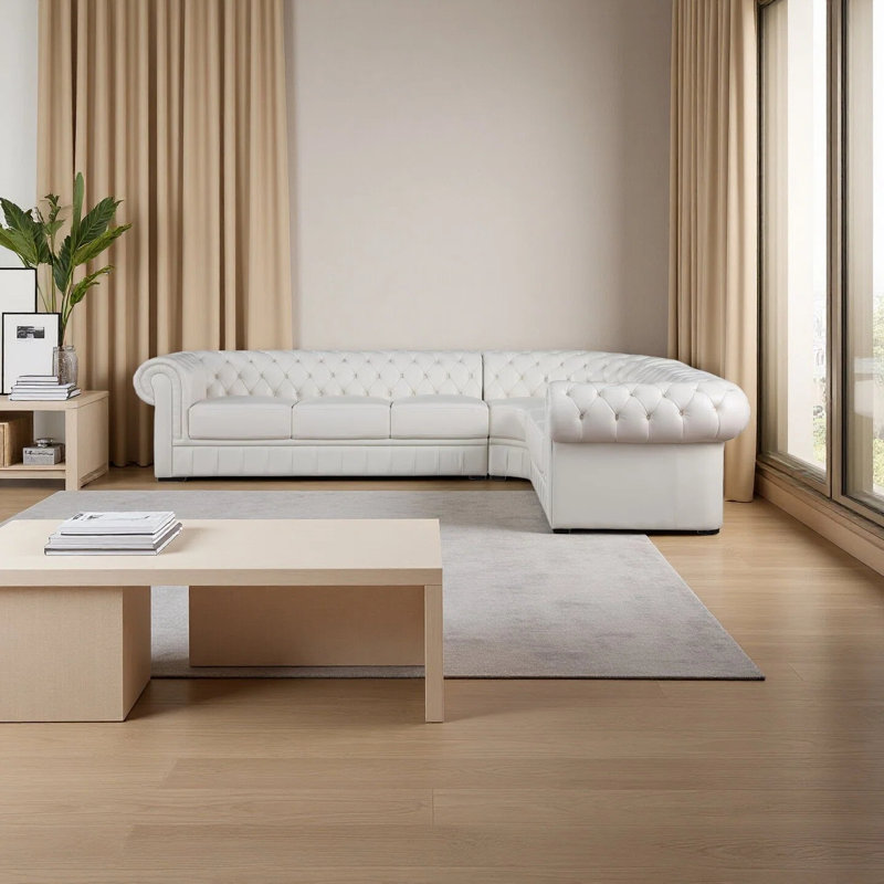 3-Piece Cow Top Leather Sectional Sofa, Right Hand Facing, White Genuine Leather