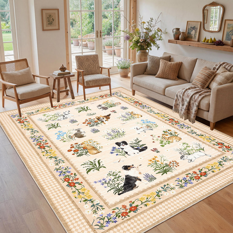Tapis lavable à la machine Cute, Beige, Rectangulaire 8 pi x 10 pi