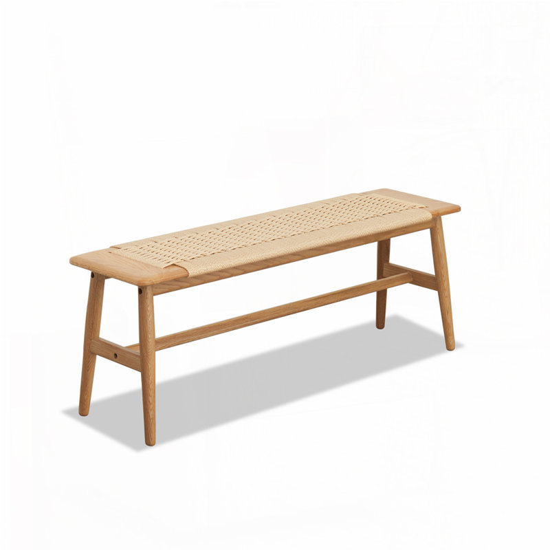 Solid Oak Wood Bench With Woven Seat, Oak/Beige,  15.98" H x 31.5" W x 11.81" D