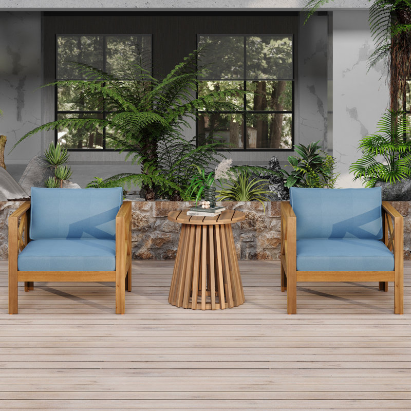 Ensemble de conversation de patio 3 pièces avec coussins et deux fauteuils, Bleu