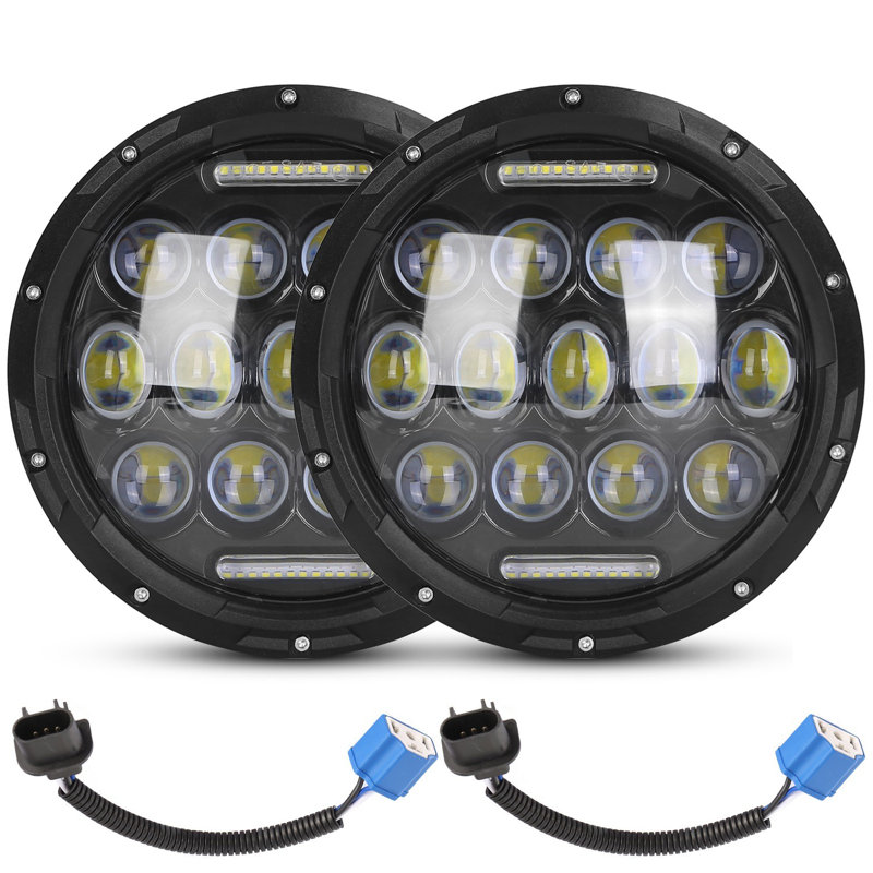 2Pcs 7In Round LED Headlights - Black, 75W, 3800LM - Halo Car Headlamps, Plug and Play