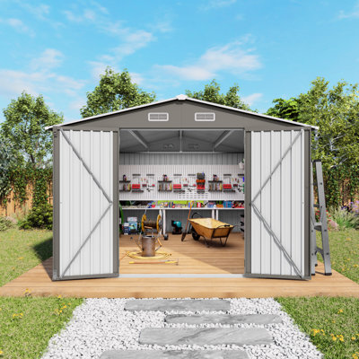 Remise de rangement extérieure 10 x 12 pi, en métal, grise, avec double porte et deux fenêtres, parfaite pour les vélos de tondeuse à gazon dans le jardin