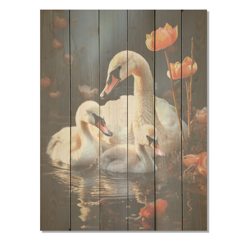 Peaceful Swans Family - Art de bois de cygnes sur bois de pin naturel, H 20 po x l 10 po