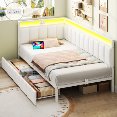 Corner Daybed Bed Frame With Storage Drawers, Twin Size Daybeds With Upholstered Rails, Corner Beds With Led Lights And Charging Station, Modern Twin-Size Bed Frame (Beige)