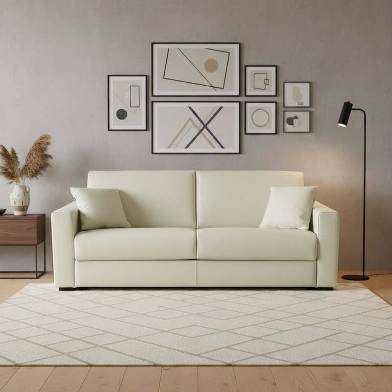 Anastasia 81" Genuine Italian Top Grain Leather Queen Square Arm Sleeper Sofa Bed with Memory Foam Mattress