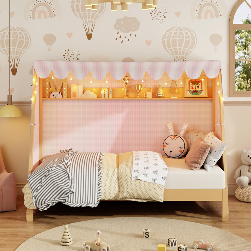 House Bed with Trundle, Storage Shelf, LED Light and Enclosed Tent