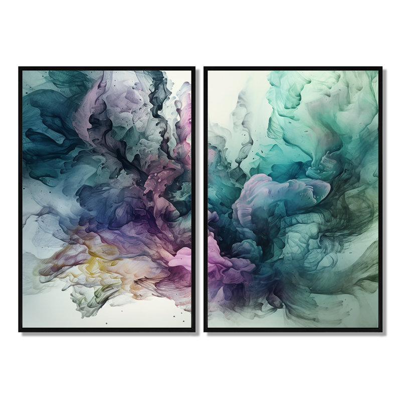Art mural moderne sur toile vert mauve marbré, 36" H x 48" W, Impression encadrée flottante, Black