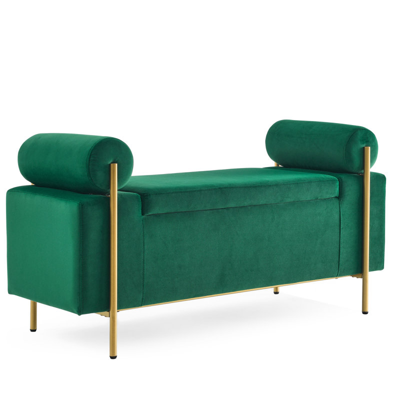 Stylish Velvet Storage Bench With Strong Iron Legs For Living Room Decor Cylindrical Arms And Home Addition, Green