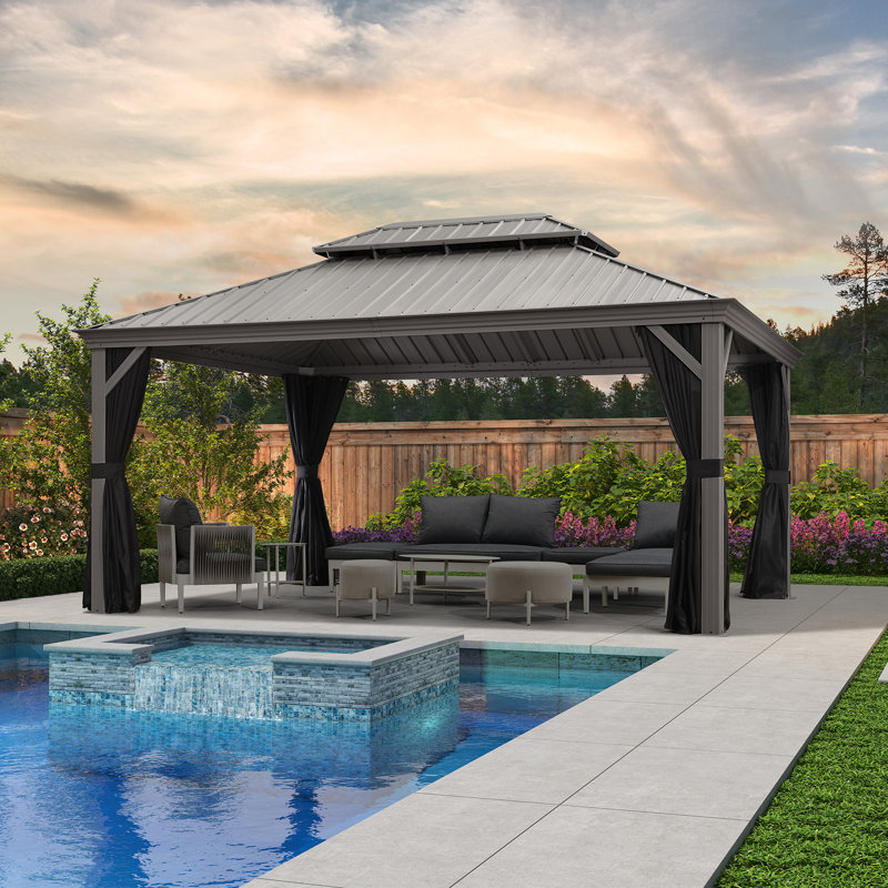 PURPLE LEAF 12' X 16' Patio Hardtop Gazebo Aluminum Outdoor Gazebo with Double Galvanized Steel Roof for Deck Backyard All Weather Outdoor Pavilion Curtain and Netting Included, Light Grey