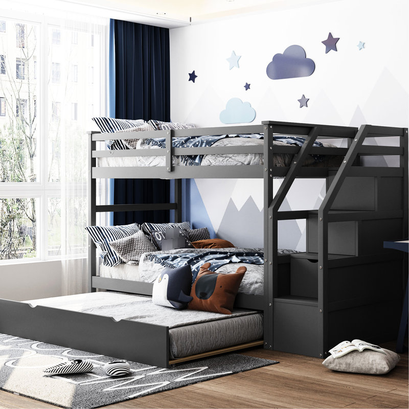 Lit superposé Twintwin avec lit gigogne et 3 escaliers de rangement intelligents, escaliers gris, Gray