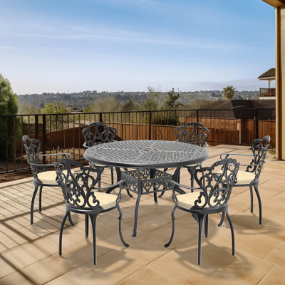 Ensemble de 7 pièces de mobilier de patio en aluminium coulé avec coussins de siège blanc cassé (Identique à W1710S00397, W1710S00555)