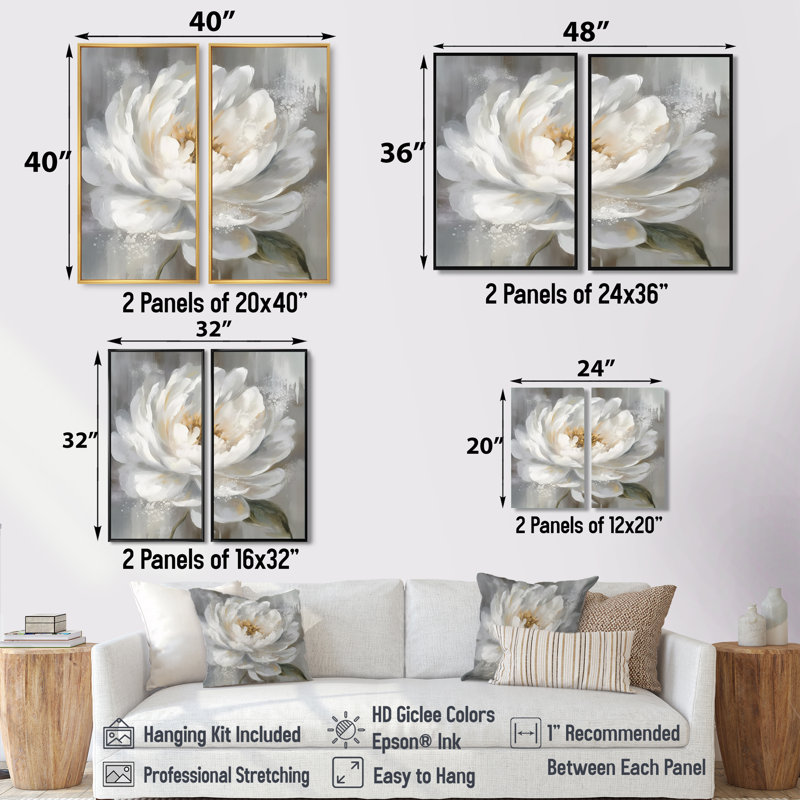 Art pivoines blanches et grises - art mural grandes pivoines, H 40 po x l 40 po, Reproduction encadrée sans passe-partout