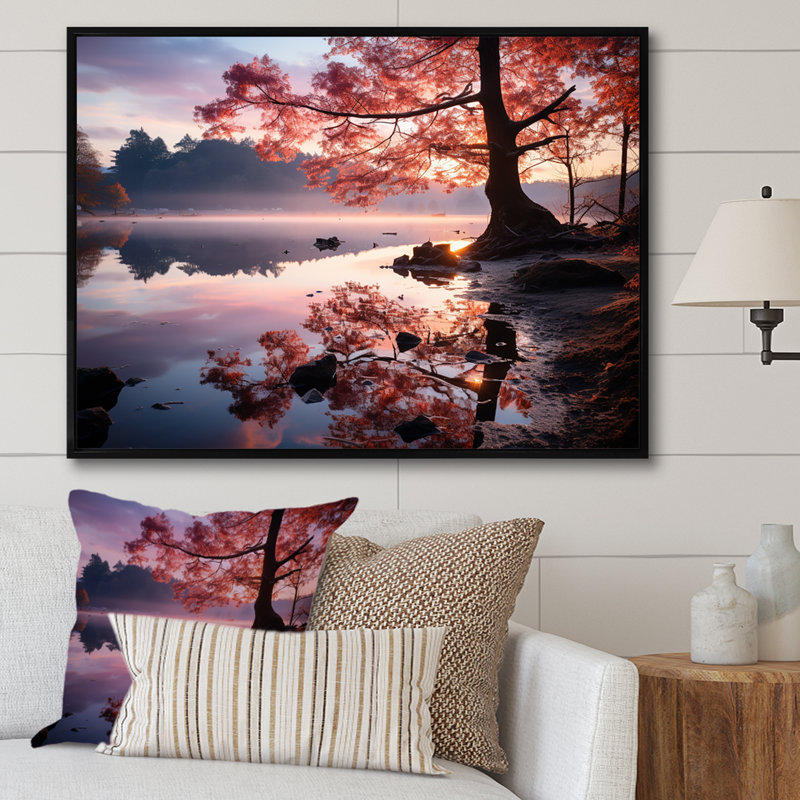 Soleil couchant à travers un arbre dans le lac sur toile, H 34 po x l 44 po x P 1,5 po, Cadre flottant noir