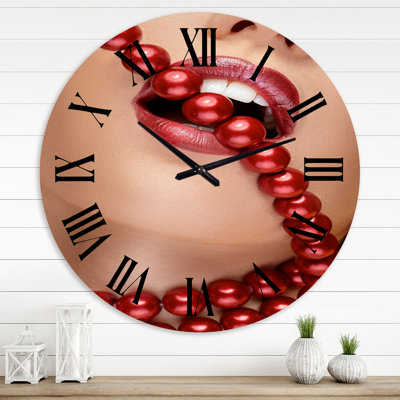 Woman Mouth With Red Lipstick Biting Red Pearls - Modern wall clock