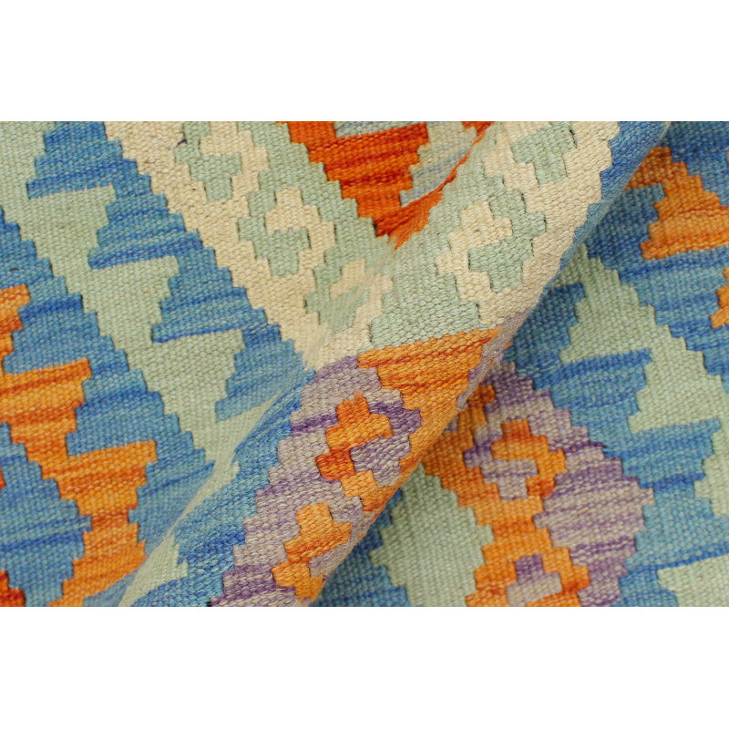 Tapis bleu / rouille / orange en laine tissé à la main à motif géométrique rectangulaire 2 pi 9 po x 4 pi 1 po Kemaj