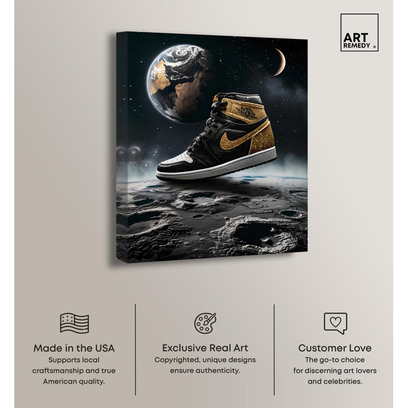 Black Astronomy & Space Sneaker Canvas Print with Pine Wood Frame