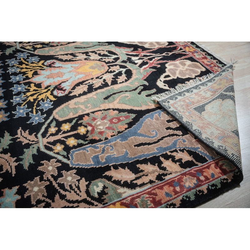 Hand Knotted Wool Floral Area Rug in Black