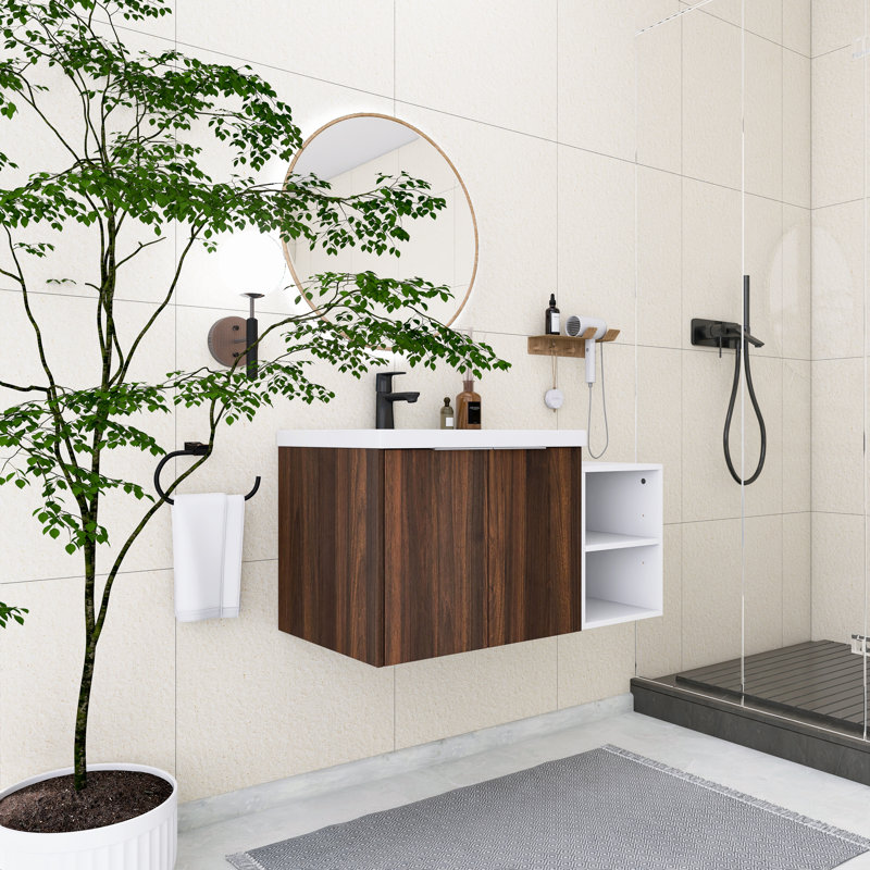 Meuble-lavabo flottant 36 po avec petites tablettes de rangement, lavabo en résine intégré, armoire combinée 24 po et 12 po, noyer californien