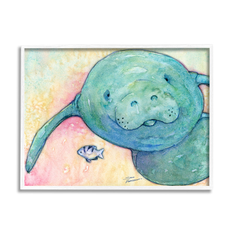 Lamantin souriant, faune aquatique, H 11 po x l 14 po x P 1,5 po, Giclée encadrée blanc bord de mer