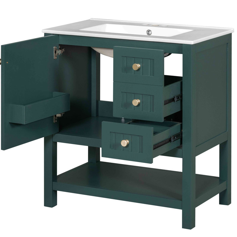 Meuble-lavabo de 30 po avec lavabo en céramique. Armoire transitionnelle. Et. Capacités multiples. Charnières de porte. Assemblage requis 30 po. Conception. Cadre. Options de rangement polyvalentes. Système de fermeture en douceur. Nécessaire