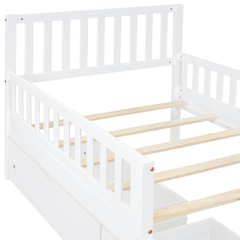 Lit plateforme simple avec garde-corps et rangement - Tiroirs de protection en bois blanc Charisma, Lit simple, Blanc