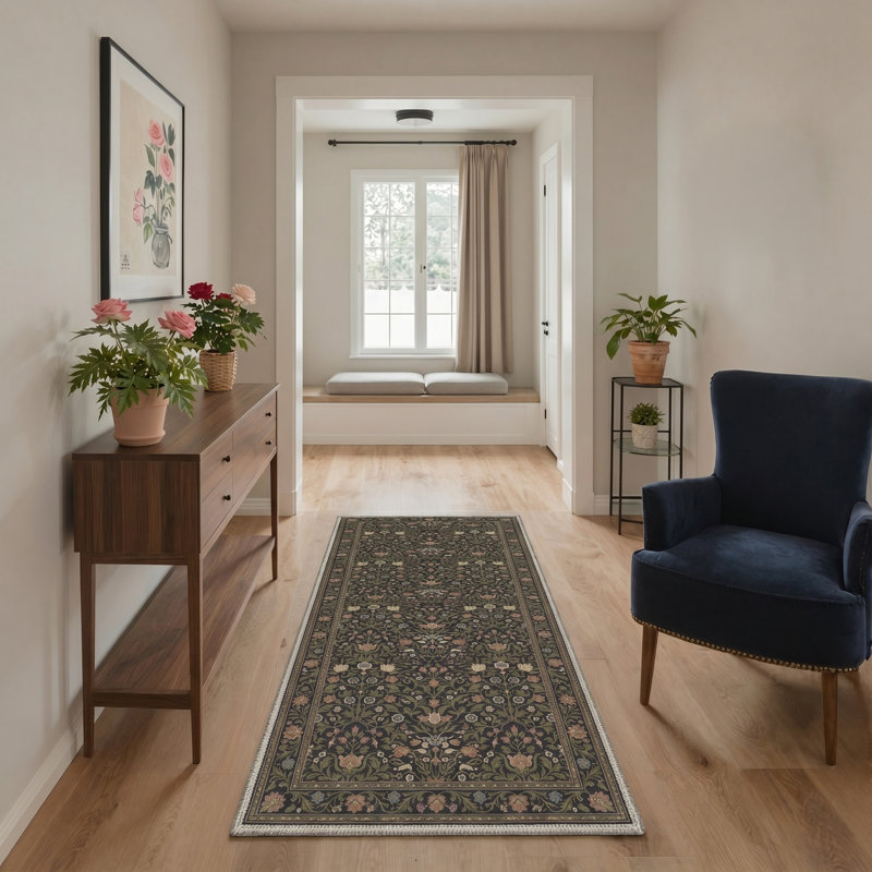 Ariane Floral Machine Washable Green / Black Indoor Area Rug with Non-Slip Backing, Runner 2' x 6'