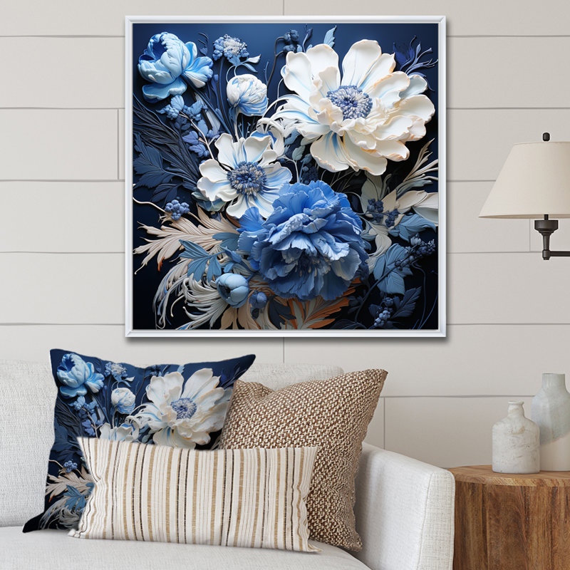 " Blue And White Seasonal Flowers Collage II ", White Floater Framed, 24" H x 24" W x 1" D