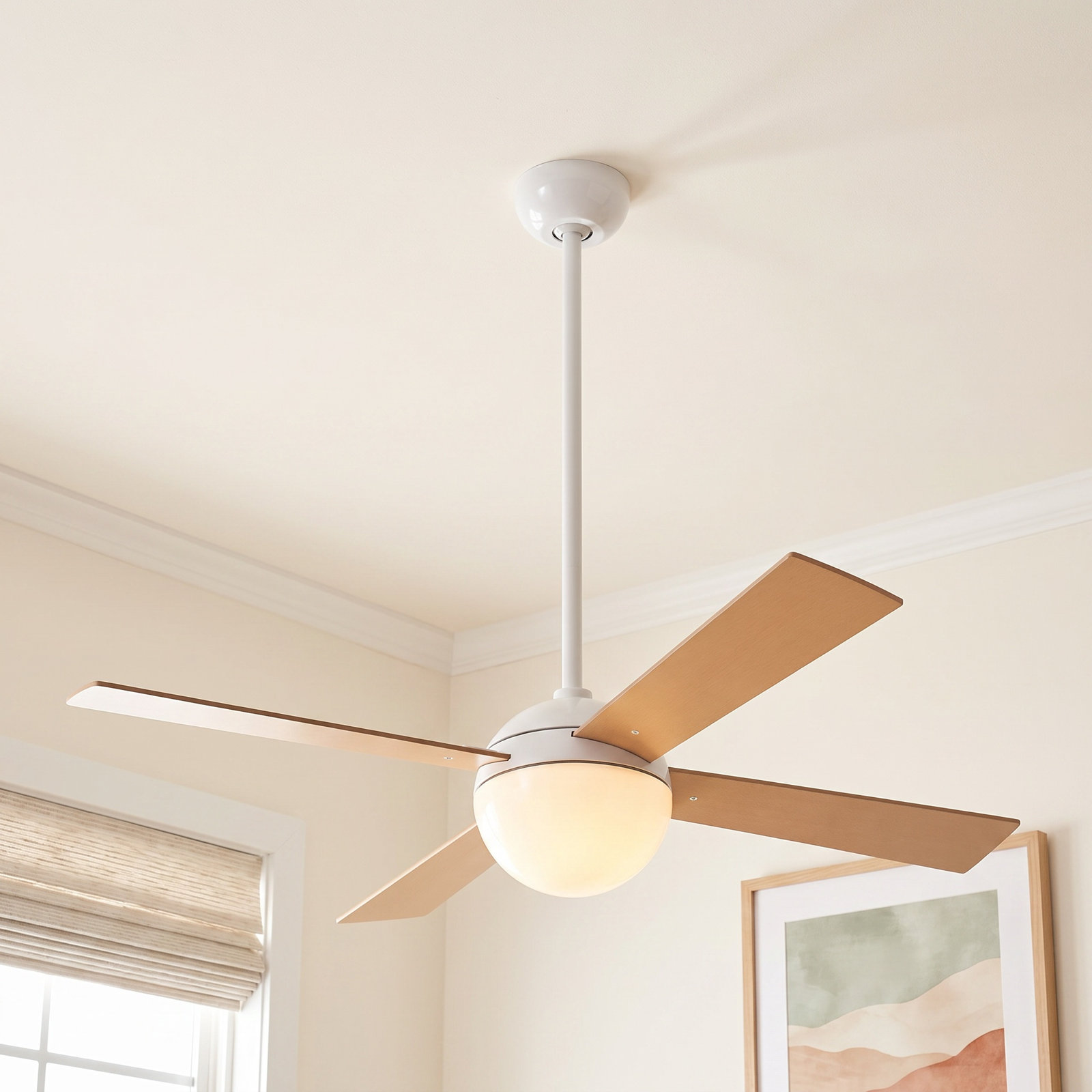 Ball 42'' 4 Blade Ceiling Fan, Gloss White, Maple, Wall Control with Remote Handset (2-wire)