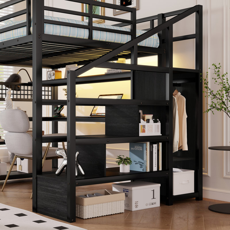 Lit mezzanine double avec escalier et garde-robe, lit mezzanine en métal avec bureau, tablettes de rangement, lumières DEL et station de charge