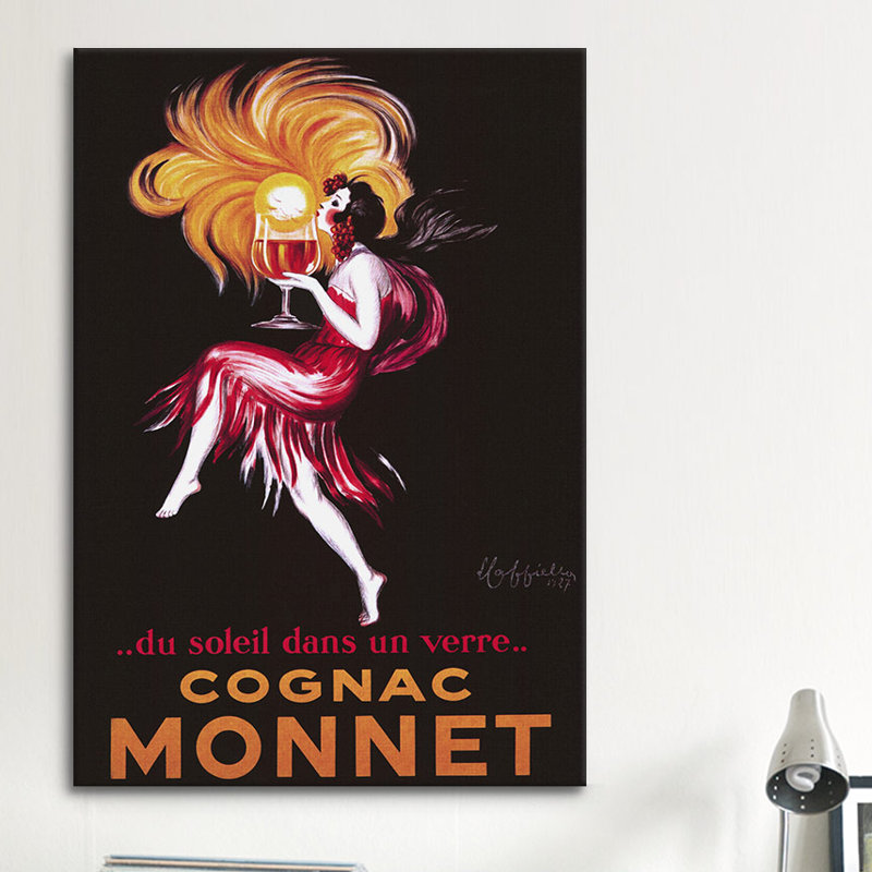 «Cognac Monnet», affiche vintage sur toile, H 60 po x l 40po x P 1,5 po, Toile tendue