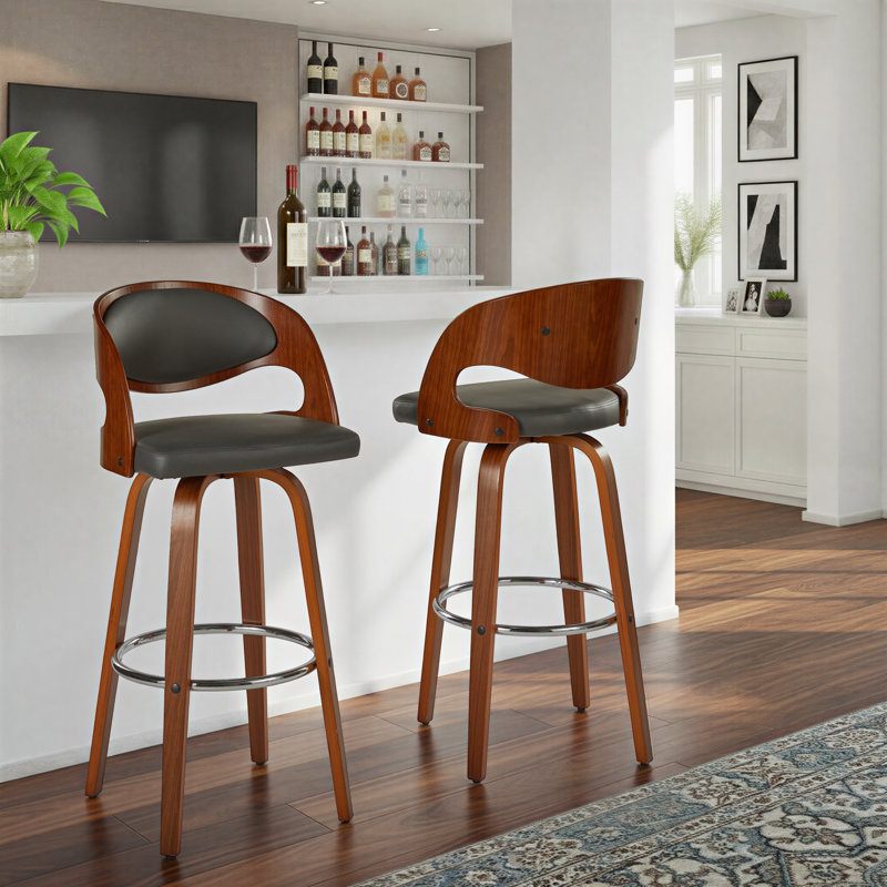 Tabouret de bar Phoebe 30 po à hauteur fixe avec pieds en bois courbé et repose-pieds rond (ensemble de 2), Gris
