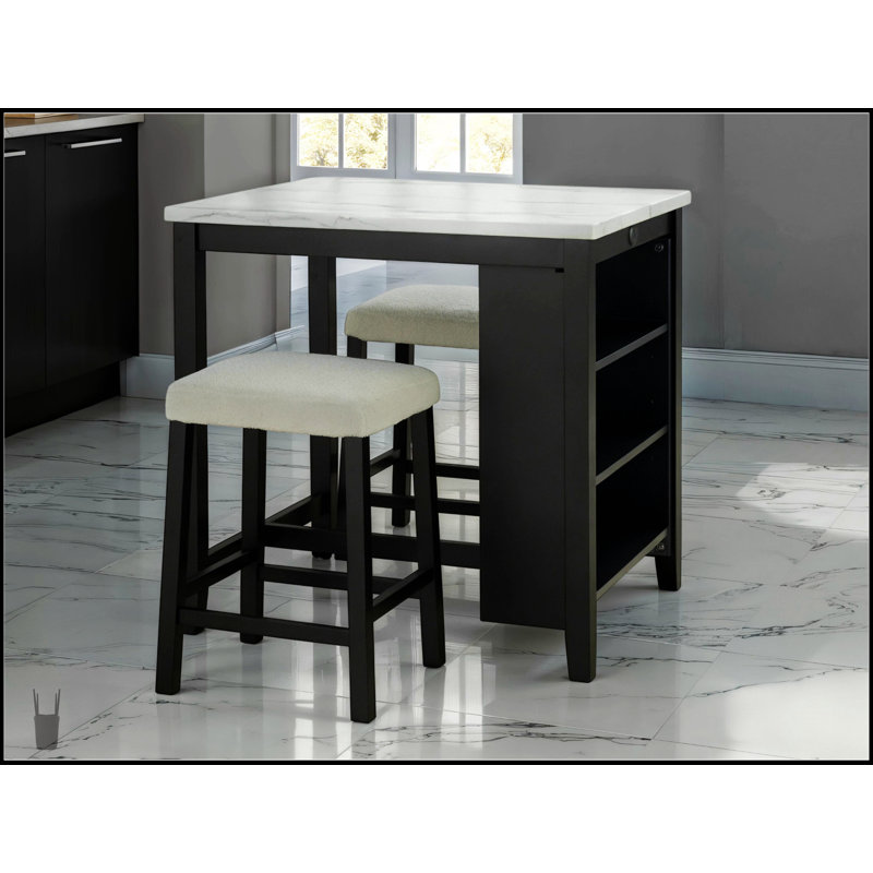 Table de salle à manger noire brillante avec tablettes de rangement et 2 tabourets, parfaite pour les espaces modernes et compacts