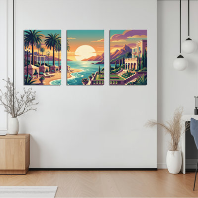 Plage tropicale, coucher de soleil, paysage, toile tendue, reproduction d'art sur toile, ensemble de 3, pour salon, chambre à coucher, décoration intérieure