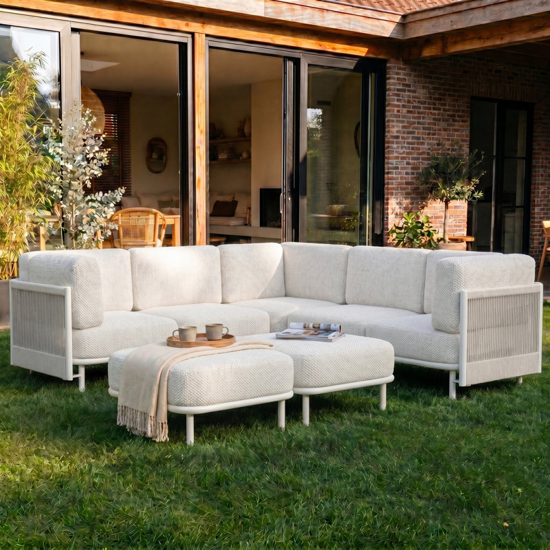Ensemble de conversation modulaire à assise profonde 7 pièces Camaran, 7, Coussin blanc / cadre blanc, Sectional