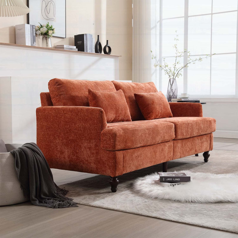 Canapé en chenille de style Mid-Century moderne en tissu avec coussins épais et pieds en bois brun, parfait pour le salon ou la chambre à coucher