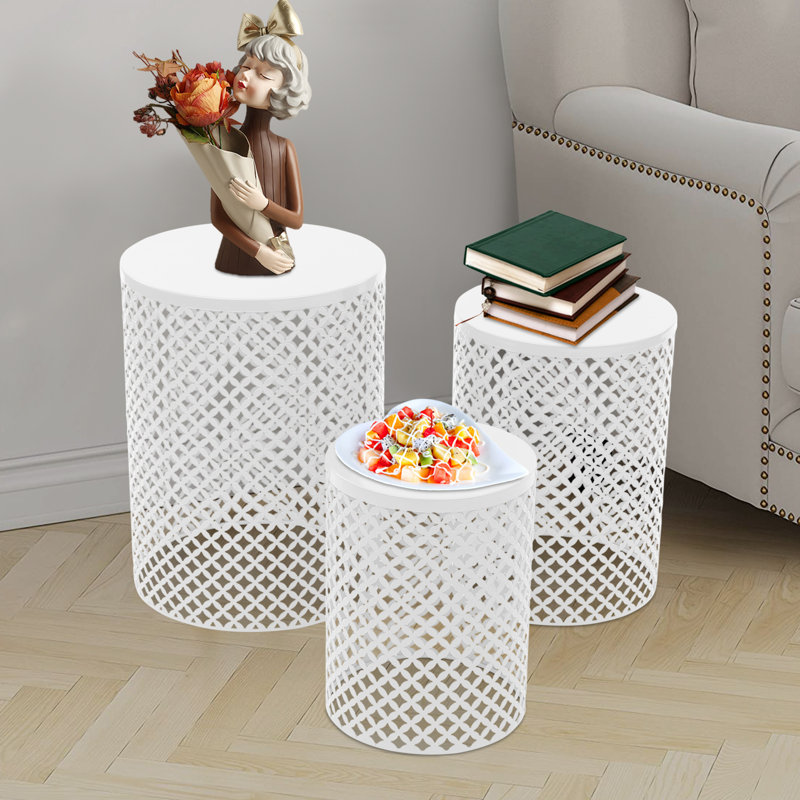 3PCS Metal Hollow-out End Table Set, White