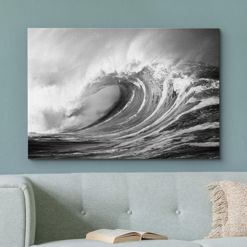 Plage côtière, vagues en noir et blanc, mer nautique, Toile tendue, H 12 po x l 18 po