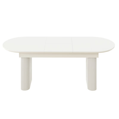 Table de salle à manger extensible de 63 à 86,6 po pour 4 à 8 personnes, table de cuisine ovale moderne avec pieds en bois à deux colonnes romaines blanches pour le salon, blanc