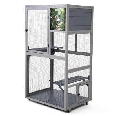 66'' Outdoor Cat Enclosure On Wheels, Dark Gray, Pinewood And Galvanized Mesh, Two Platforms For Comfort With Height, Platforms, Easy To Clean