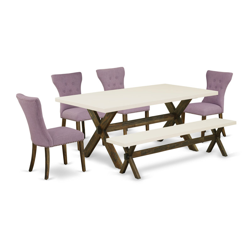 Cet ensemble de salle à manger 6 pièces contient une table de salle à manger rectangulaire avec des pieds en X et 4 chaises Parson en tissu de lin Dahlia avec un banc, Jacobean patiné