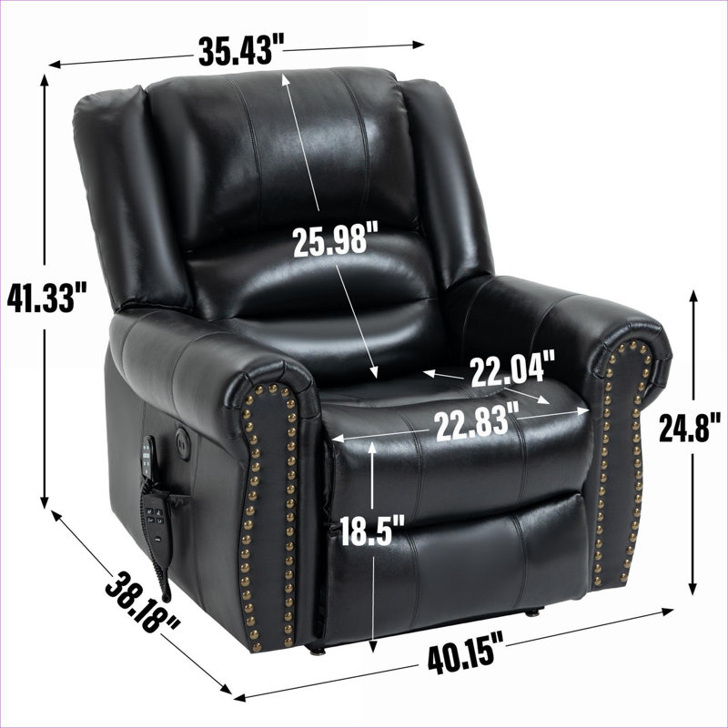  Genuine Leather Luxury Power Lift Massage Recliner, Sleek Black, 350 lbs Capacity, Dual Motor