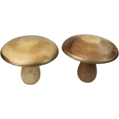 Pack Of 2 Rustic Handcrafted Hardwood Acacia Mushrooms With Golden Edge Decors