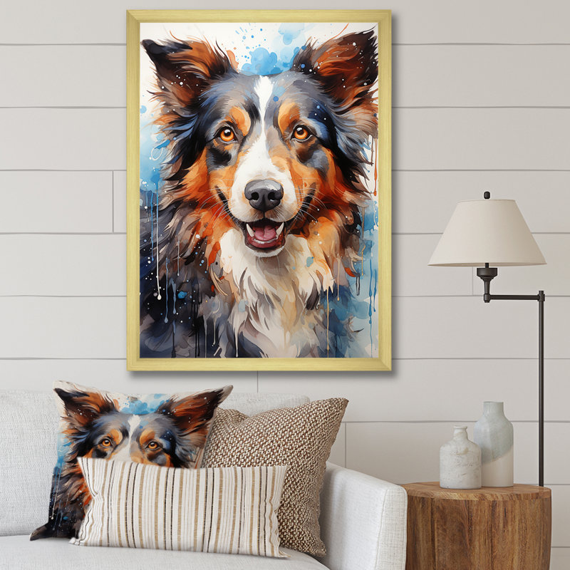 Border collie éclat sur toile, Cadre doré simple, H 32 po x l 16 po x P 1 po