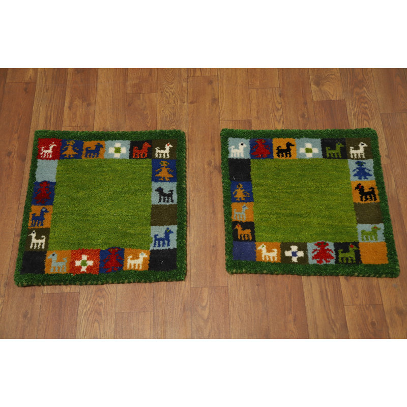 Ensemble de deux tapis de vestibule carrés verts Gabbeh 1x1