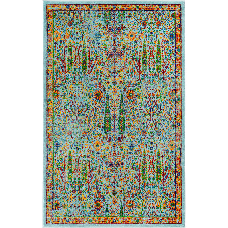 Round Floral Power Loomed Polypropylene Area Rug in Aqua/Blue/Orange, Rectangle 5'3" x 8'