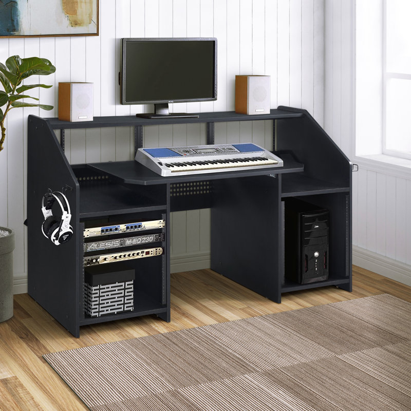 Bureau de musique Franzen avec support pour écouteurs et plateau pour clavier, Noir