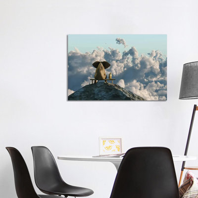 Elephant and Dog Sit on a Mountain Top 1 Piece Wrapped Canvas Wall Art