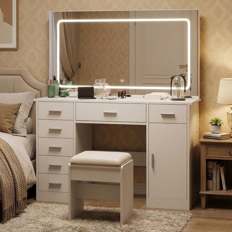 Dressing Table with Mirror, White